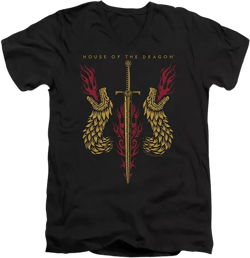 Men's Sword And Dragon Heads Short Sleeve Adult V Neck Premium Cotton Tee / T-Shirt