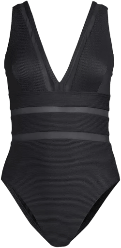 Women's Mesh Ribbed Plunge High Leg One Piece Swimsuit