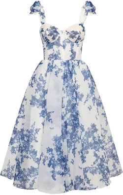 Womens Charming Blue Hydrangea-Patterned Organza Midi Dress