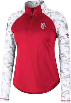 Women's Red Wisconsin Badgers OHT Military-Inspired Appreciation Flash Arctic Camo Raglan Quarter-Zip Jacket