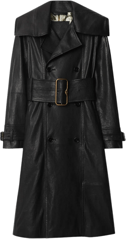 Long Double-breasted Leather Belted Trench Coat In Black