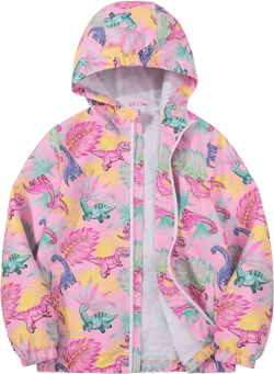 SUNDAY ROSE Girls Windbreaker Jackets Lightweight Water Resistant Coat Outwear with Hooded for Kids Pink Dinosaur 12