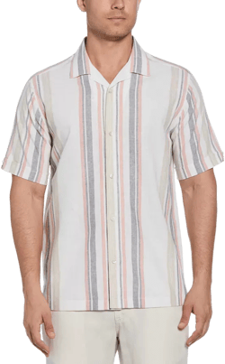 Men's Short Sleeve Striped Panel Button-Front Linen Camp Shirt