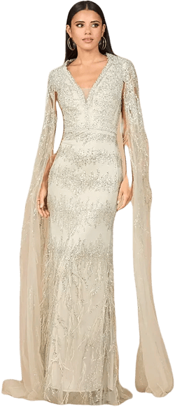 Women's V - Neck Gown with Long Cape Sleeves and Feathers