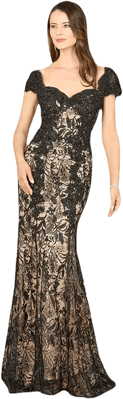 Lara Women's Long Bell Sleeve V-Neck Beaded Gown