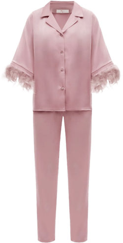 Women's Pink / Purple Lilac Satin Feather Shirt And Pant Pajama Set In Pink/purple