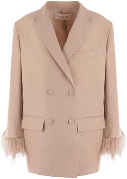 Oversized Double-breasted Feather-trimmed Woven Blazer In Beige