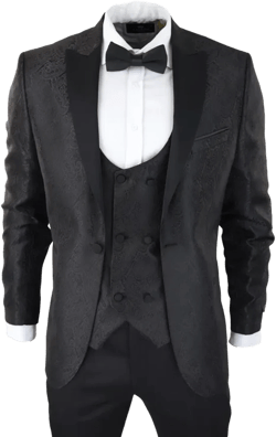 Mens Black Tuxedo Blazer Waistcoat Brocade Satin Paisley Formal Dinner Jacket