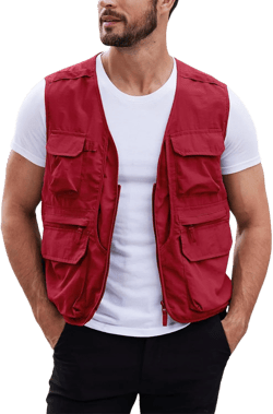 Gihuo Men's Utility Fishing Vest Lightweight Outdoor Work Safari Travel Cargo Vest with Multi-Pockets Medium Red