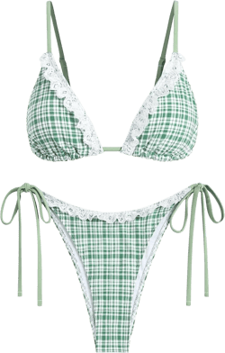 ZAFUL Women's Triangle Bikini Lace Frilled Ruffles Gingham Print Tie Side Spaghetti Strap 2 Pieces Bikini Swimsuit 3-green X-Large