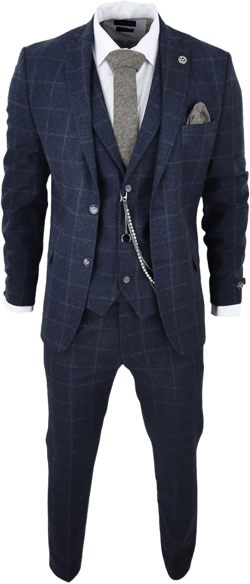 Men's 3 Piece Suit Wool Tweed Navy Blue Brown Check 1920s Gatsby Formal Dress Suits 42 Navy