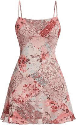 Verdusa Women's Lettuce Trim Floral Print Mesh Sleeveless A Line Short Cami Dress Pink Multi Large