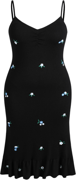 Knit Floral Embroidery Ruffle Hem Midi Dress Curve & Plus
