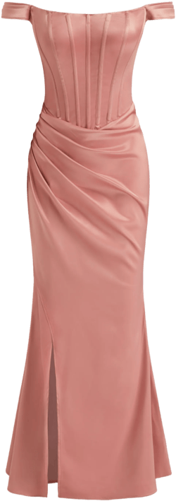 Satin Off-shoulder Ruched Corset Split Maxi Dress