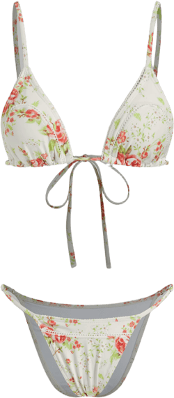 V-neck Floral Lace Trim Knotted Triangle Bikini Set