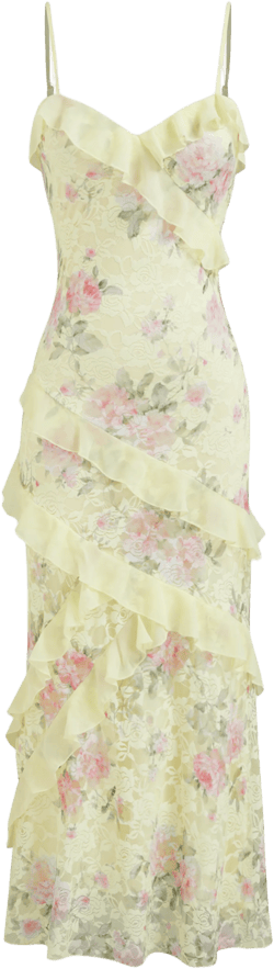 Lace V-neck Floral Ruffle Maxi Dress