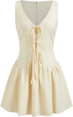 Linen-blend V-neck Tie Front Bow Ruffle Mini Dress