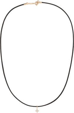 14k Gold Quad Prong Set Diamond Pendant on Black Leather Cord Necklace