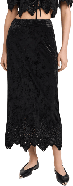 Eyelet Detail Velvet H Line Midi Skirt