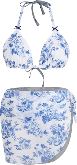 V-neck Floral Bowknot Halter Cheeky Bikini Set With Sarong Curve & Plus