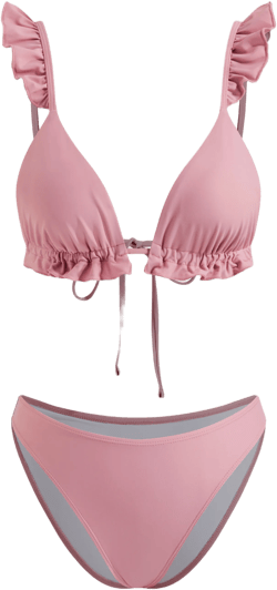V-neck Lettuce Trim Bracelet Cheeky Bikini Set With Ruffle Sarong
