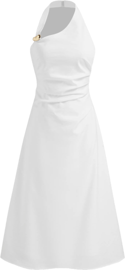 Linen-blend Halter Neckline Ruched Midi Dress