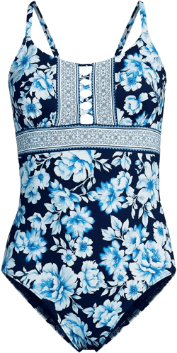 Lands' End Women's Long Lace Up One Piece Swimsuit - 18 - Deep Sea Navy Painted Floral