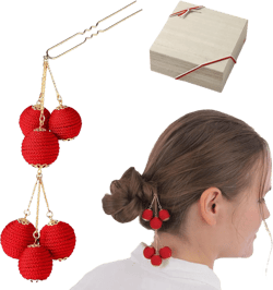 Traditional Japanese Hair Stick, Two - Tier Wrapped Ball Kanzashi, Hair Pin Accessories for women, Elegant Japanese Decor for Kimono Yukata (Red)