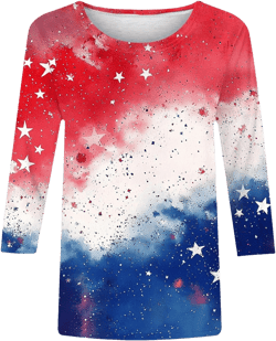 4th of July Outfits for Womens 3/4 Sleeve Shirts Plus Size Stars Stripes American Flag Graphic Tee Patriotic Tops S-5X F -Red X-Large