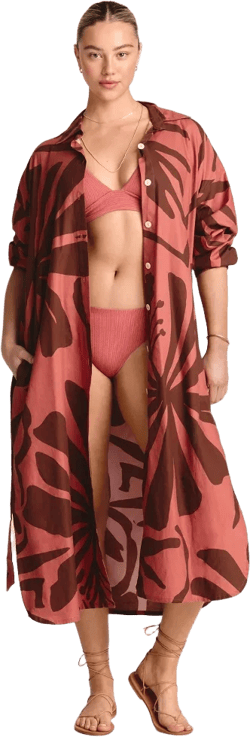 Vitamin A Women&#39;s Printed Twill Midi Cover Up Dress with Belt - Multi XXL: Abstract Pattern, Cotton, Front Button