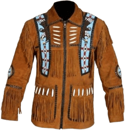 R M Western Cowboy Leather Jacket For Men's Fringes Bones & Suede Beaded Native American -Brown (Medium)