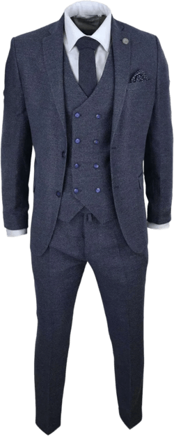 TruClothing Mens Wool 3 Piece Suit Double Breasted Waistcoat Tweed 1920s 50 Navy