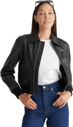 Women's 100% Washed Leather Bomber Jacket In Black