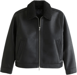 Cropped Sherpa-Lined Vegan Leather Aviator Jacket