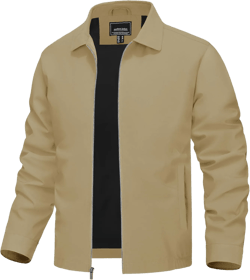 TACVASEN Mens Lightweight Windbreaker Full Zip Up Laydown Collar Jackets Light Casual Coat with Zip Pockets Khaki X-Large