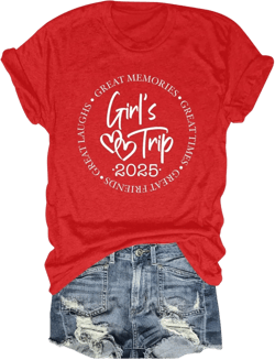 Girls Trip T Shirts for Women 2025 Vacation Shirt Funny Travel Shirts Casual Summer Camping Tops Girls Trip Tee Shirt Red Large