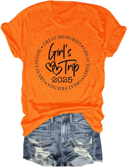 Girls Trip T Shirts for Women 2025 Vacation Shirt Funny Travel Shirts Casual Summer Camping Tops Girls Trip Tee Shirt Orange Medium