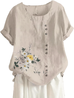 HOTYD Women's Boho Floral Print Cotton Linen Shirts for Women Summer Short Sleeve Tunic Shirts Button Crewneck Blouses A-beige XX-Large