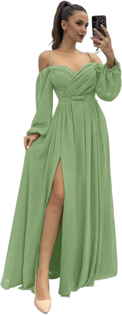 YUAOHUANG Women's Off The Shoulder Long Sleeve Chiffon Bridesmaid Dresses Long Slit Spaghetti Strap Formal Party Dress Sage Green 6
