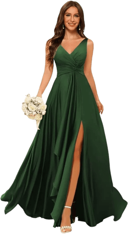 Stylefun Double V Neck Satin Bridesmaid Dresses for Women Long Ruffled Split A-line Formal Prom Dresses with Pocket CYM185 : Clothing, Shoes & Jewelry