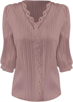 Womens Spring Tops 2025 Trendy Casual Elegant Textured Solid Blouses Lace V Neck 3/4 Puff Sleeve Pullover Tunic Tops Pink Medium