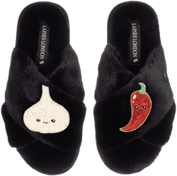 Women's Classic Slippers With Laines Loveables Garlic & Chilli Brooches - Black