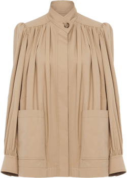 High-neck Gathered Jacket In Cotton Gabardine In Soft Tan