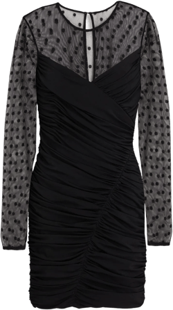 Hilary Tulle-paneled Ruched Polka-dot Stretch-jersey Mini Dress In Black
