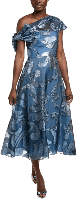 Evelyn Off The Shoulder Metallic Fil Coupe Midi Dress In Oxford In Blue