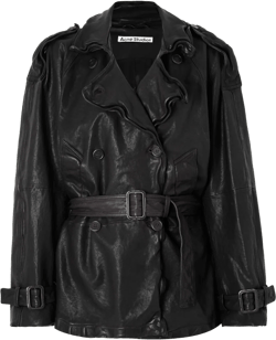 Double-breasted Belted Leather Jacket In Adm Dark Brown