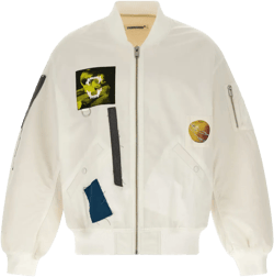 Distressed Patchwork Cotton Bomber Jacket In White