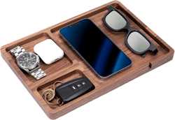 Walnut Wooden Valet Tray - Nightstand EDC Valet Tray, Desk Organizer Gift for Men & Women, Elegant Sleek Catchall for Glasses Wallet Keys Watch Phone, Dresser Bedside Organizer