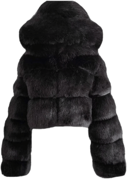 Womens Fluffy Faux Fur Coat Cropped Jacket Y2K Christmas Puffer Jacket with Hood Zip Up Fuzzy Teddy Jacket Large Black
