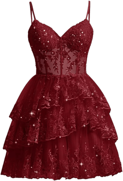 Wchecalino Sparkly Tiered Lace Tulle Homecoming Dresses Short 2025 Spaghetti Straps Formal Corset Party Gowns Burgundy 16 Plus